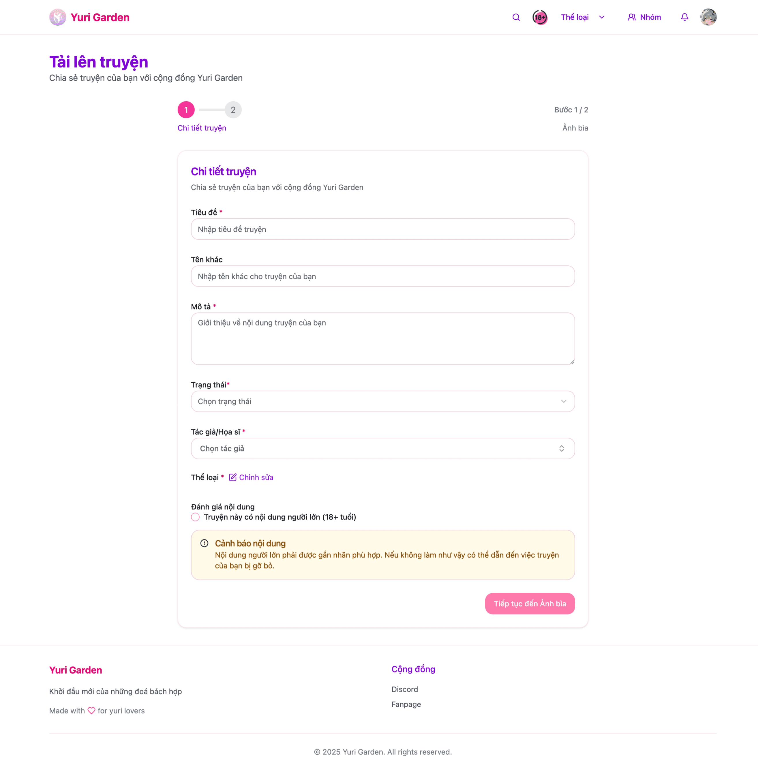 Giao diện upload truyện