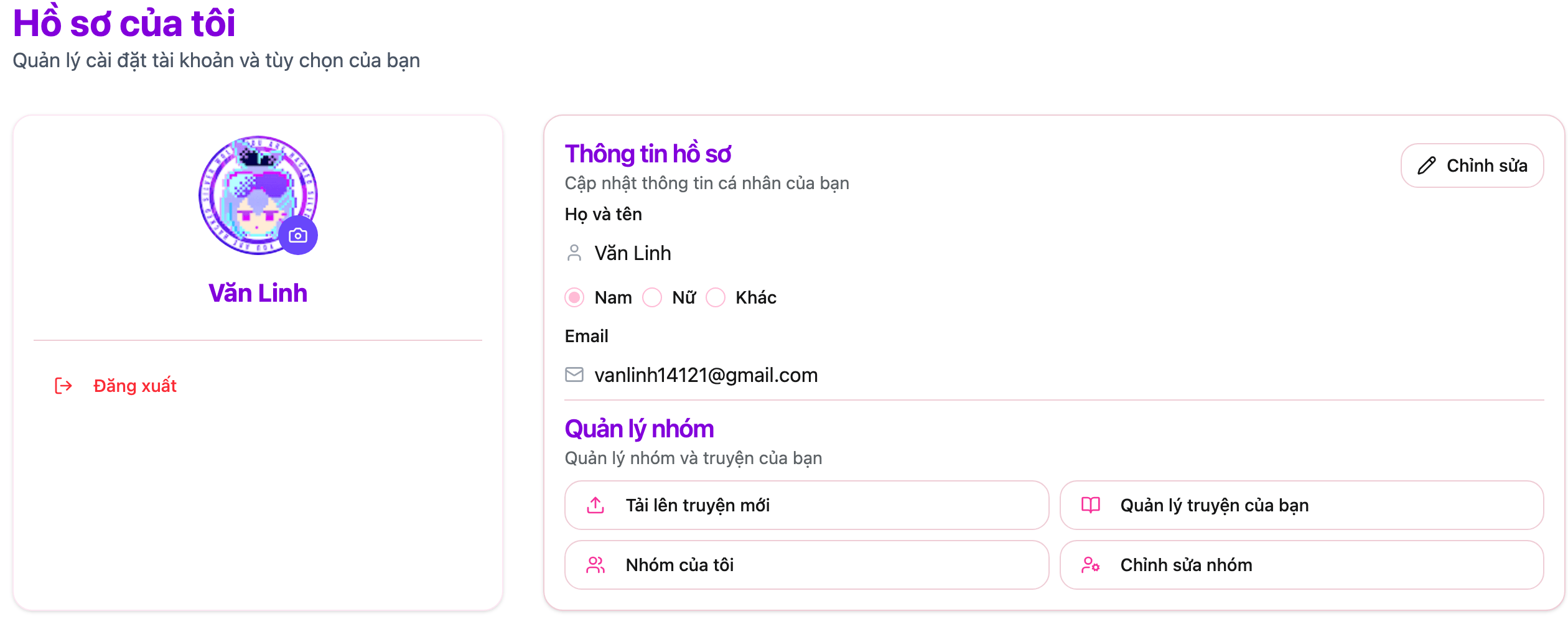 Giao diện hồ sơ và quản lý nhóm